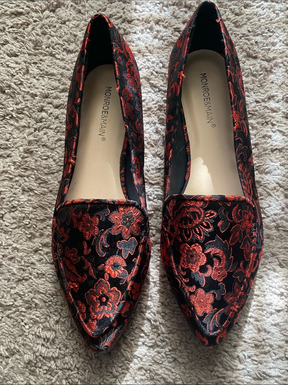 NEW-Monroe & Main Black Flats with Red Floral Embroidery